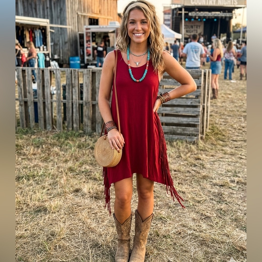 $85 NWT POL Clothing Red Fringe Hem Sleeveless Tunic Mini Dress - Small